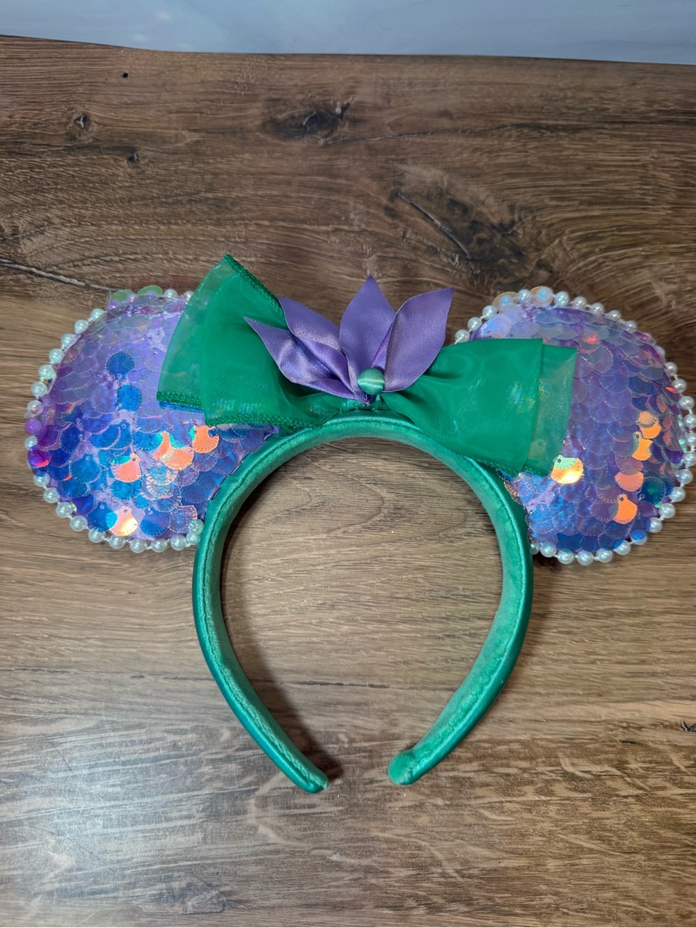Disney Parks 2025 Little Mermaid Ariel Ears Headband Purple Sequin Green Bow